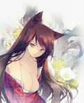  ahri animal_ears babu523 bare_shoulders breasts cleavage collarbone detached_sleeves facial_mark flower fox_ears fox_tail korean_clothes large_breasts league_of_legends long_hair looking_at_viewer low_neckline multiple_tails solo tail upper_body whisker_markings yellow_eyes 