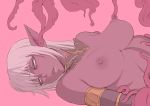  1girl areolae armlet blue_eyes breasts dark_elf dark_skin detached_collar elf eyebrows_visible_through_hair fucked_silly large_breasts long_hair lying mikoyan nipple_tweak nipples nude on_back open_mouth original pink_background pointy_ears skull_fucking solo_focus tentacle white_hair 