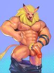  abs anthro balls big_muscles blue_background clothed clothing colored digimon erection feline iceman1984 leomon lion locking looking_at_viewer male mammal masturbation muscular nude pants_down partially_clothed pecs penis simple_background solo tongue tongue_out 