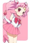  bad_id bad_pixiv_id bishoujo_senshi_sailor_moon bow chibi_usa choker circlet double_bun earrings elbow_gloves gloves hair_ornament holding holding_wand jewelry leg_lift looking_at_viewer pink_background pink_bow pink_choker pink_eyes pink_hair pink_moon_stick pink_sailor_collar pink_skirt pleated_skirt sailor_chibi_moon sailor_collar sailor_senshi_uniform short_hair simple_background skirt smile solo stud_earrings twintails wand white_gloves yupachi 