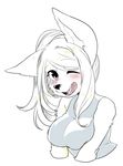  anthro blush canine clothed clothing female hair long_hair mammal one_eye_closed open_mouth pink_eyes powderkona simple_background sleeveless solo teeth tongue white_background wiking wink 