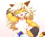  anthro breasts clothed clothing erect_nipples eyes_closed fangs feline female hair hand_on_hip long_hair mammal muscular muscular_female nipples open_mouth pose raised_arm solo tokumori_kaisen topless white_hair 