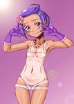 :d armpits ass ass_visible_through_thighs bead_necklace beads bikini bikini_under_clothes blush breasts collarbone covered_nipples dokidoki!_precure double_v earrings flower gloves gradient gradient_background hair_flower hair_ornament half_updo highres hirokawa_kouichirou jewelry kenzaki_makoto lens_flare looking_at_viewer micro_bikini navel necklace one-piece_tan open_mouth precure purple purple_background purple_eyes purple_gloves purple_hair short_hair shorts small_breasts smile solo spade_(shape) swimsuit swimsuit_under_clothes tan tanline thigh_gap tongue tongue_out v wavy_mouth 