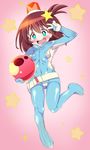  :d aqua_eyes armpits ass_visible_through_thighs bad_id bad_pixiv_id bangs belt blush bodysuit breasts brown_hair cameltoe covered_navel covered_nipples full_body gloves gradient gradient_background hair_between_eyes hair_ornament hand_up headwear_removed helmet helmet_removed holding holding_helmet impossible_bodysuit impossible_clothes leg_lift leg_up looking_at_viewer loose_belt luluco one_side_up open_mouth pink_background raised_eyebrows ribs shiny shiny_clothes short_hair skin_tight small_breasts smile solo sparkle star star_hair_ornament turtleneck uchuu_patrol_luluco usei v 