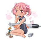  bunny cosplay crop_top fairy_(kantai_collection) grin kantai_collection multiple_girls paint pink_eyes pink_hair ro-500_(kantai_collection) ro-500_(kantai_collection)_(cosplay) sailor_collar sazanami_(kantai_collection) school_swimsuit short_hair sitting smile swimsuit swimsuit_under_clothes tachiki_(naruki) tan torpedo wariza 