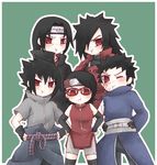  4boys :t absurdres black_hair family forehead_protector hair_over_one_eye hands_on_hips highres looking_at_viewer mizuchi_(putisizuku) multiple_boys naruto naruto_(series) naruto_shippuuden pout red_eyes sharingan spiked_hair time_paradox uchiha_itachi uchiha_madara uchiha_obito uchiha_sarada uchiha_sasuke 