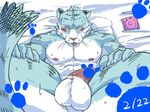  abs balls bed blush colored condom erection feline looking_at_viewer male male/male mammal muscular nude pecs penis simple_background solo spreading tiger tongue tongue_out ujishiyo 