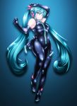  aqua_eyes aqua_hair arm_up bad_id bad_pixiv_id bare_shoulders black_bodysuit black_gloves bodysuit breasts elbow_gloves full_body gloves hair_between_eyes hatsune_miku highres latex long_hair looking_at_viewer lying medium_breasts on_back shimizu_pem simple_background sleeveless solo twintails very_long_hair vocaloid 