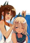  bare_shoulders blonde_hair blue_eyes brown_eyes brown_hair hair_ornament i-401_(kantai_collection) kantai_collection minoinomi multiple_girls one-piece_tan one_eye_closed open_mouth ponytail ro-500_(kantai_collection) sailor_collar tan tanline water wet 
