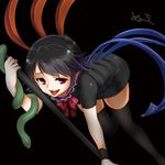  asymmetrical_wings bent_over black_background black_hair black_legwear houjuu_nue monrooru open_mouth pointy_ears polearm red_eyes solo tongue tongue_out touhou weapon wings 