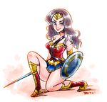  1girl armor belt blue_eyes brown_hair dc_comics forehead_protector full_body pteruges shield solo strapless wonder_woman wonder_woman_(series) 