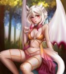  2019 5_fingers animal_humanoid arm_support big_breasts bikini blurred_background blush breasts clothed clothing depth_of_field detailed_background diondeath dragon_humanoid eyebrows eyelashes female forest hair harem_outfit hi_res horn humanoid light_fury multicolored_hair navel outside pink_eyes red_hair scales silk silver_soul sitting solo swimsuit tree two_tone_hair white_hair white_scales wings 