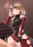  arm_guards bare_shoulders blonde_hair blush breasts censored covered_navel covered_nipples cowgirl_position daikikia_9 djeeta_(granblue_fantasy) girl_on_top granblue_fantasy half-closed_eyes headband highres large_breasts leotard mosaic_censoring ninja_(granblue_fantasy) orange_eyes penis pointless_censoring pussy pussy_juice sex short_hair smile solo_focus straddling sweat tongue tongue_out torn_clothes torn_leotard 