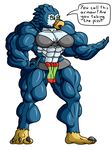  abs angry armor avian beak behold_my_girth biceps big_blue_(character) blue_feathers breasts clothing feathers female green_eyes hyper hyper_muscles loincloth muscular muscular_female simple_background starbound talons thick_thighs video_games white_background wide_hips 