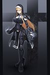  bangs blonde_hair blue_eyes bodysuit boots breasts cross-laced_footwear full_body habit hetza_(hellshock) high_heel_boots high_heels hime_cut holster impossible_clothes knee_boots knife lace-up_boots large_breasts long_hair nun original snap-fit_buckle solo thigh_holster 