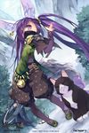  animal_ear_fluff animal_ears blade_&amp;_soul bodysuit cat cat_ears closed_eyes earrings face_mask highres jewelry karpin leaf long_hair lyn_(blade_&amp;_soul) mask mountain ninja outdoors pants purple_eyes purple_hair shirt shoes staff tail tree twintails very_long_hair weapon wolf_ears 