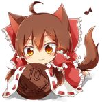  ahoge animal_ears barefoot bow brown_eyes brown_hair cat_ears chocolate_coin closed_mouth coin commentary_request eighth_note hair_bow hair_tubes hakurei_reimu musical_note red_bow solo tail tosura-ayato touhou wide_sleeves 