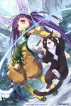  animal_ear_fluff animal_ears blade_&amp;_soul bodysuit bug butterfly cat cat_ears earrings fangs highres insect jewelry jumping karpin long_hair lyn_(blade_&amp;_soul) mountain outdoors pants purple_eyes purple_hair shirt shoes staff tail tree twintails very_long_hair weapon wolf_ears 