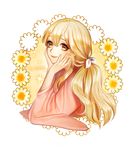  aegyo bad_id bad_twitter_id blonde_hair floral_background flower hands_on_own_cheeks hands_on_own_face japanese_clothes kimono korean light_smile long_hair looking_at_viewer low_ponytail original ponytail solo upper_body very_long_hair wide_sleeves yellow_eyes 