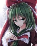  bad_id bad_pixiv_id bow commentary_request dress eyes_visible_through_hair frills front_ponytail green_eyes green_hair hair_bow hair_ribbon highres kagiyama_hina puffy_short_sleeves puffy_sleeves red_dress ribbon short_sleeves smile solo touhou toyosaki_shu upper_body 