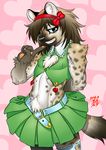  &lt;3 abstract_background aoi_takayuki belt clothed clothing crossdressing hyena legwear male mammal ribbons skirt smile thigh_highs 