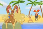  balls beach breasts brown_fur brown_hair cleavage clothed clothing delphox eyelashes eyes_closed female fur group hair human immortalstar inner_ear_fluff lopunny male mammal nintendo nipples nude palm_tree penis pok&eacute;mon pok&eacute;morph pubes pussy red_eyes rock seaside smile swimsuit tree video_games water 