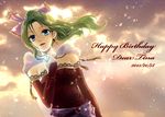  2013 blue_eyes bow breasts cape dated detached_sleeves dress earrings elbow_gloves final_fantasy final_fantasy_vi gloves green_hair hair_ribbon happy_birthday jewelry kiyuu long_hair ponytail ribbon small_breasts solo strapless strapless_dress tina_branford 