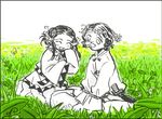  1boy 1girl black_hair butterfly do_do_goki grass nature original outdoors partially_colored sitting yayoi_period 