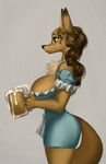  2016 alcohol anthro beer beverage big_breasts blush breasts brown_eyes brown_fur brown_hair canine chest_tuft curly_hair female food fox fur furstang hair mammal side_view solo standing tan_fur tuft 