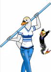  &lt;3 anthro avian beak bird blonde_hair breasts buttons clothing feathers female hair human insane jeans looking_at_viewer love male mammal nami_(one_piece) necktie one_piece pants pose sanji_(one_piece) shirt simple_background swan tail_feathers tuxedo white_background white_feathers 