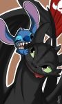  2016 alien big_ears bigstrokeofthebrush bite black_eyes black_scales blue_claws blue_fur blue_nose brown_background claws crossover digital_drawing_(artwork) digital_media_(artwork) disney dragon dreamworks duo experiment_(species) fur green_sclera head_tuft hi_res how_to_train_your_dragon lilo_and_stitch looking_at_another night_fury notched_ear open_mouth outline scales signature simple_background size_difference stitch tongue tongue_out toothless 