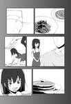  1girl :d absurdres bed burn_scar cleaning comic dorei_to_no_seikatsu_~teaching_feeling~ dress eating faceless faceless_male food greyscale happy highres hitsuji_(sangitanmeka) monochrome open_mouth pancake scar silent_comic smile sylvie_(dorei_to_no_seikatsu) 