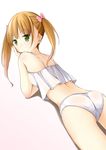  ass bangs bare_shoulders breasts brown_hair cameltoe camisole cowboy_shot eyebrows_visible_through_hair from_behind green_eyes long_hair looking_back lying on_stomach original panties ribbon shibacha simple_background sleeveless small_breasts solo trefoil twintails underwear underwear_only white_panties 