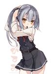  adjusting_hair belt blush character_name contrapposto cowboy_shot dress grey_hair kantai_collection kasumi_(kantai_collection) long_sleeves looking_at_viewer mouth_hold pinafore_dress remodel_(kantai_collection) ribbon school_uniform shirokitsune side_ponytail simple_background sleeveless sleeveless_dress solo standing twitter_username tying_hair uniform white_background yellow_eyes 