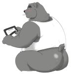  2019 anthro belly black_nose blush butt clothing humanoid_hands jumperbear male mammal overweight overweight_male shirt simple_background sitting solo ursid white_background 