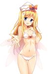  ass_visible_through_thighs bangs bikini blonde_hair blue_eyes blush bow breasts cowboy_shot eyebrows fairy_wings flower hair_flower hair_ornament hat highres lily_white long_hair looking_at_viewer maturiuta_sorato navel open_mouth outstretched_arm outstretched_hand petite red_bow simple_background small_breasts smile solo standing swimsuit thigh_gap touhou white_background white_bikini wings 