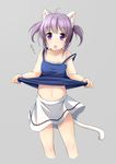  :o ahoge animal_ears blush camisole cat_ears cat_tail cowboy_shot cropped_legs grey_background looking_at_viewer navel open_mouth original purple_eyes purple_hair shibacha shirt_lift short_hair simple_background skirt solo stomach strap_slip tail twintails 