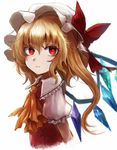  ascot blonde_hair crystal expressionless flandre_scarlet hat hat_ribbon highres looking_at_viewer maho_moco mob_cap portrait puffy_sleeves red_eyes ribbon shirt short_sleeves side_ponytail simple_background solo touhou vest white_background wings 