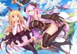  :d bare_shoulders bat_wings black_gloves blonde_hair blue_eyes blush braid breasts commentary_request demon_horns draph elbow_gloves fangs frilled_skirt frills gloves granblue_fantasy hair_ornament hair_over_one_eye head_wings highres holding_hands horns large_breasts lavender_hair long_hair long_sleeves looking_at_viewer miniskirt multiple_girls narmaya_(granblue_fantasy) open_mouth outstretched_arm outstretched_hand petticoat pointy_ears red_eyes shennai_misha shingeki_no_bahamut shirt single_thighhigh skirt smile thighhighs vampire vampy wings zettai_ryouiki 