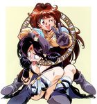  2girls antenna_hair black_hair blue_eyes blush boots breasts cape choking circlet constricted_pupils gloves headband large_breasts lina_inverse long_hair multiple_girls naga_the_serpent one_eye_closed pants red_eyes red_hair revealing_clothes shiny shiny_hair shiny_skin slayers smile star tongue tongue_out torn_clothes translation_request wink 