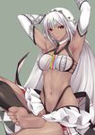  altera_(fate) apron armpits arms_up bangs bare_shoulders barefoot bikini black_bikini_bottom black_legwear blunt_bangs breasts cleavage closed_mouth collar dark_skin expressionless fate/grand_order fate_(series) feet frilled_skirt frills green_background head_tilt headpiece highres kneehighs large_breasts layered_skirt long_hair looking_at_viewer midriff mismatched_bikini naturalton navel red_eyes revealing_clothes showgirl_skirt silver_hair simple_background skirt soles solo stomach swimsuit tattoo thong_bikini toes toned veil very_long_hair waist_apron white_bikini_top white_skirt 