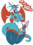  anthro areola balls big_breasts big_butt blue_eyes blush breasts butt claws clothed clothing cock_ring cum cum_drip cum_on_penis cum_string dickgirl dragon dripping drunk english_text erection fishnet hand_on_breast intersex nintendo nipples partially_clothed penis piercing pok&eacute;mon precum r-mk reptile salamence scalie solo speech_bubble text thick_thighs video_games voluptuous wide_hips wings 