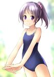  competition_school_swimsuit hair_ornament hair_scrunchie hands_together long_hair new_school_swimsuit one-piece_swimsuit original polka_dot polka_dot_scrunchie ponytail purple_eyes purple_hair school_swimsuit scrunchie shibacha smile solo swimsuit 