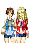  blonde_hair brown_hair hair_pulled_back headband highres kanzuki_karin kasugano_sakura multiple_girls ringlets short_hair shorts sportswear street_fighter sweat volleyball volleyball_uniform wild007 