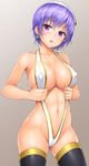  :o armpits ass_visible_through_thighs bare_arms bare_shoulders beret bikini black_legwear blush breasts brown_background cameltoe cleavage collarbone covered_nipples cowboy_shot crystal_earrings earrings eyebrows eyebrows_visible_through_hair groin hat head_tilt jewelry lambda_(kusowarota) large_breasts leona_(sennen_sensou_aigis) looking_at_viewer midriff navel parted_lips purple_eyes purple_hair revealing_clothes sennen_sensou_aigis short_hair simple_background skindentation slingshot_swimsuit solo stomach sweat sweatdrop swimsuit tareme thighhighs toned white_bikini white_hat 