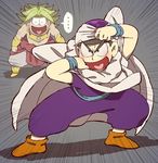  2boys blonde_hair bracelet broly broly_(cosplay) brothers cape cosplay dragon_ball dragon_ball_z emphasis_lines grey_background heart heart_in_mouth jewelry legendary_super_saiyan male_focus matsuno_juushimatsu matsuno_karamatsu multiple_boys muscle necklace open_mouth osomatsu-kun osomatsu-san outsuki piccolo piccolo_(cosplay) removing_hat siblings simple_background spiked_hair spoken_ellipsis super_saiyan trait_connection turban 