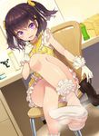  asisuki bad_perspective black_hair chair commentary dress feet frilled_dress frilled_gloves frilled_legwear frills gloves highres holding holding_shoes indoors looking_at_viewer no_shoes open_mouth original pov_feet purple_eyes shoes shoes_removed short_hair sitting smell socks soles solo twintails white_gloves 