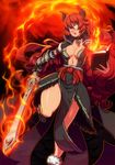  airomed armor asymmetrical_clothes book borrowed_character breasts choker cleavage collarbone fire flame flaming_sword horns koi_drake large_breasts loincloth long_hair looking_at_viewer open_book original red_hair running sash solo standing standing_on_one_leg sword vambraces weapon yellow_eyes 