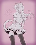  animal_ears black_legwear blue_eyes cat_day cat_ears cat_tail crossdressing dated dress from_behind long_hair looking_back male_focus midare_toushirou monochrome otoko_no_ko shirado_emi smile solo spot_color tail thighhighs touken_ranbu 