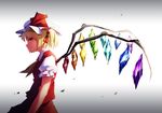  arm_garter ascot bangs blonde_hair breasts chen_bin cowboy_shot crystal eyebrows_visible_through_hair flandre_scarlet frills gathers gradient gradient_background hair_ribbon hat hat_ribbon highres looking_at_viewer mob_cap profile puffy_short_sleeves puffy_sleeves rainbow_order red_eyes red_ribbon red_skirt red_vest ribbon shiny shiny_hair shirt short_hair short_sleeves side_ponytail skirt skirt_set slouching small_breasts smile solo touhou upper_body vest wings yellow_neckwear 